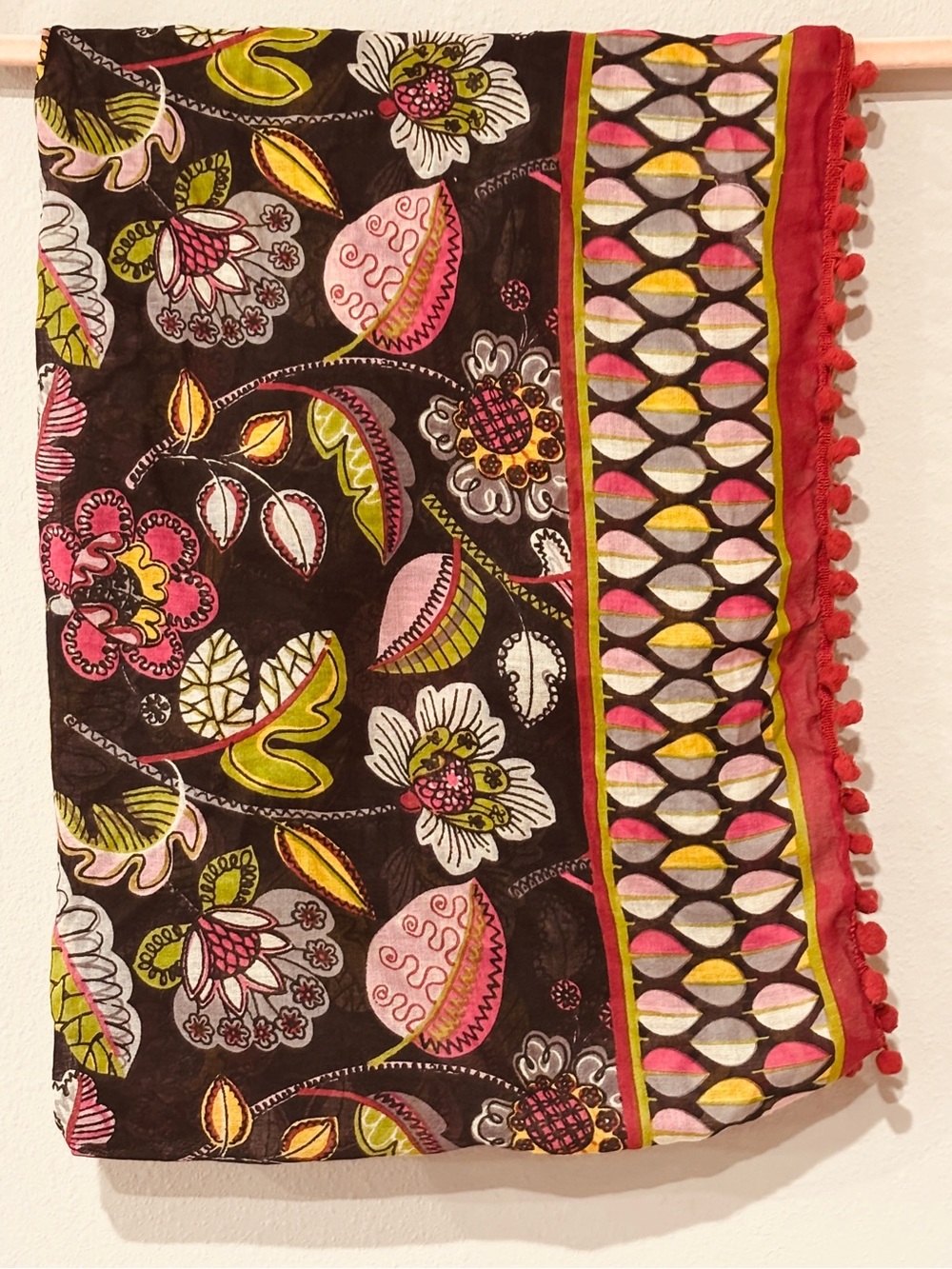 Vera Bradley Black Floral Scarf with Pink & Green Accents and Pom-Pom Edge